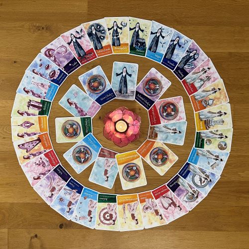 Das vollständige Karten-Set Seelen-Balance im Kreis ausgelegt.